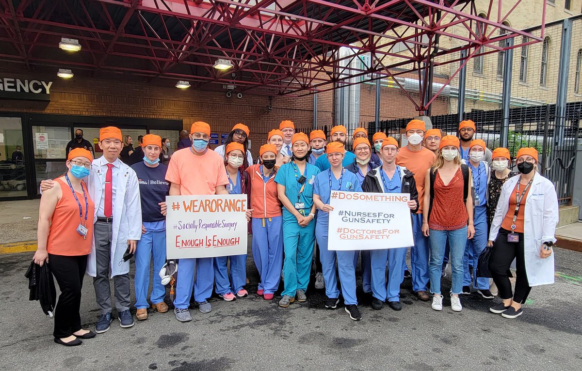 NYUSurgEquity's tweet photo. Today we #WearOrange and take a stand as members of the medical community and demand #CommonSenseGunLaws. We believe #EnoughIsEnough. Time for our politicians to #DoSomething  #sociallyresponsiblesurgery #MedTwitter @SurgicalEquity @ThisIsOurLane @BellevueHosp @NYCHealthSystem https://t.co/1RMRRxzGUS