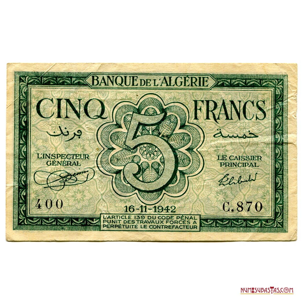 numisubastas's tweet photo. EN SUBASTA:
Billete colonial de 5 francos de Argelia del año 1942.
Para mayor información consultar el link:
https://t.co/RTTKFujBJK
#Numisubastas #Notafilia #Billete #PapelMoneda #BankNotes #Note #PaperMoney #PaperMoneyAuction #PaperAuction #Argelia #Historia. https://t.co/PXKAE82mjt