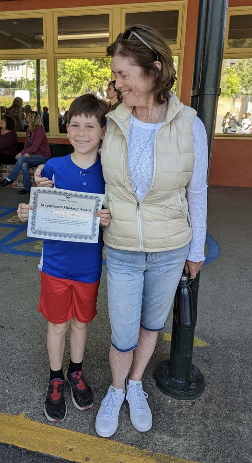 Grandson Henry poses proudly with Nana after receiving his “Marvelous Mustang Award” yesterday. Thank you Wade Thomas teachers, staff and community for all you do to make new students feel welcome, included and valued.  🍎🍎🍎👏👏👏