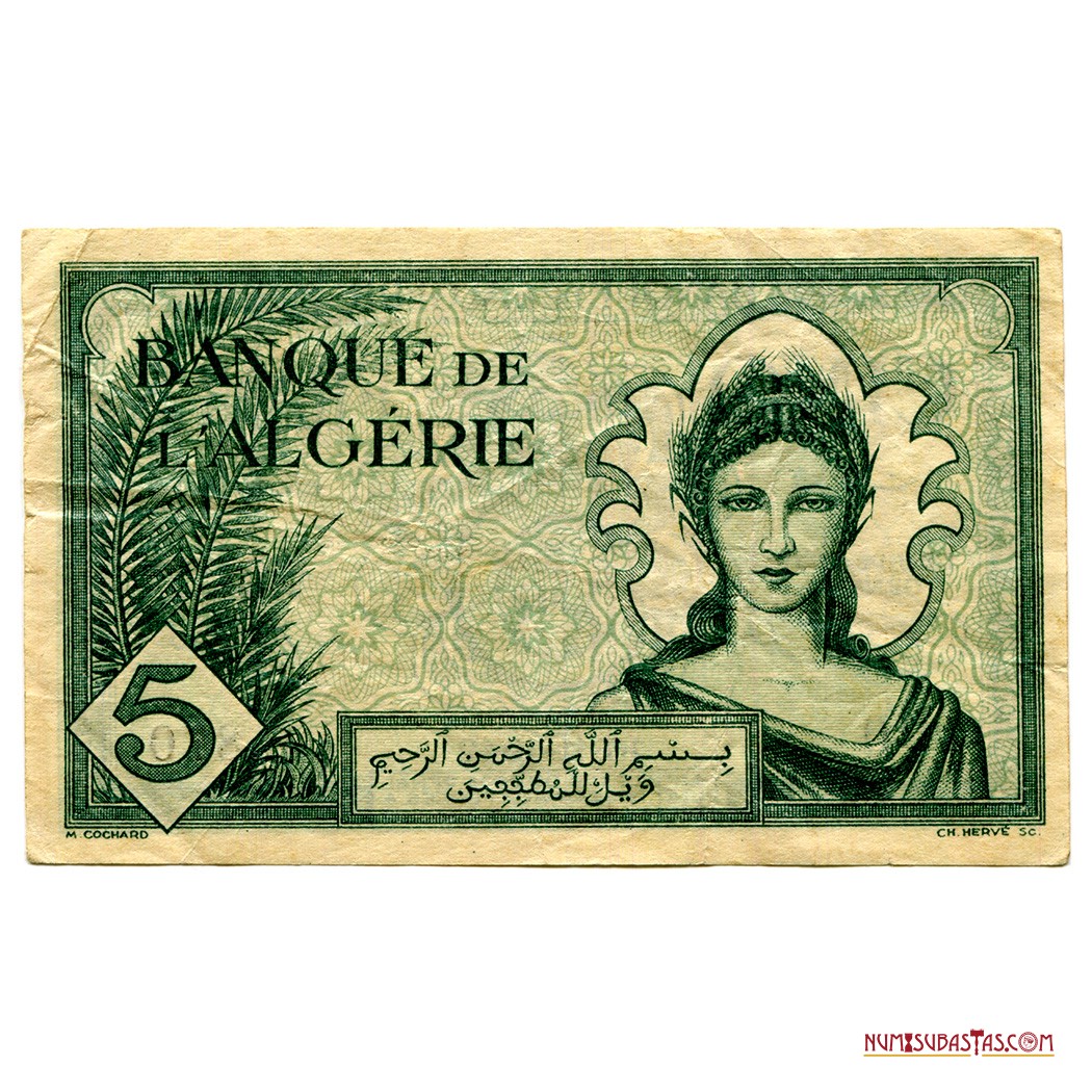numisubastas's tweet photo. EN SUBASTA:
Billete colonial de 5 francos de Argelia del año 1942.
Para mayor información consultar el link:
https://t.co/RTTKFujBJK
#Numisubastas #Notafilia #Billete #PapelMoneda #BankNotes #Note #PaperMoney #PaperMoneyAuction #PaperAuction #Argelia #Historia. https://t.co/PXKAE82mjt