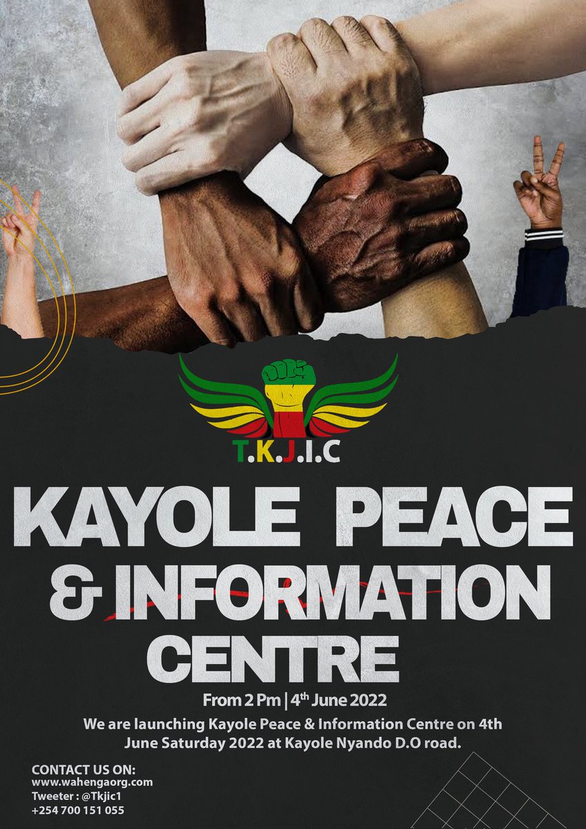 The whole of Kayole fraternity cordially invite all to the launch of Kayole Peace & Information Center at kwa D.O on the 4th of june 2022 on a Saturday from 2pm. #NJAARevolution #GrassrootsLiberation @Grassrootslib @WahengaYouth @TKJIC1 @UhaiWetu @AmnestyNairobi