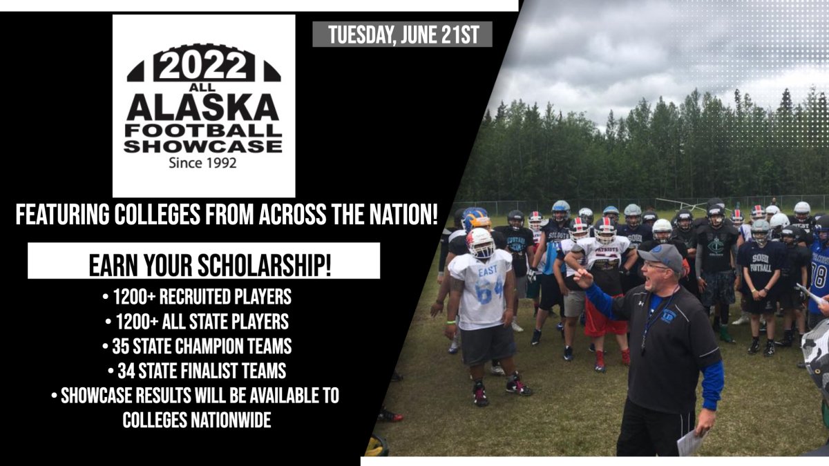AKFootballCamp's tweet photo. REGISTRATION FOR THE ALL ALASKA FOOTBALL SHOWCASE CAMP IS NOW OPEN! 
On Tuesday, June 21st Players in Grades 9-12 and also Unsigned Post Graduate players will be able to Combine Test and COMPETE in front of College Level Coaches. 
This camp is about giving players the opportunity https://t.co/fZ1SrK6hsP