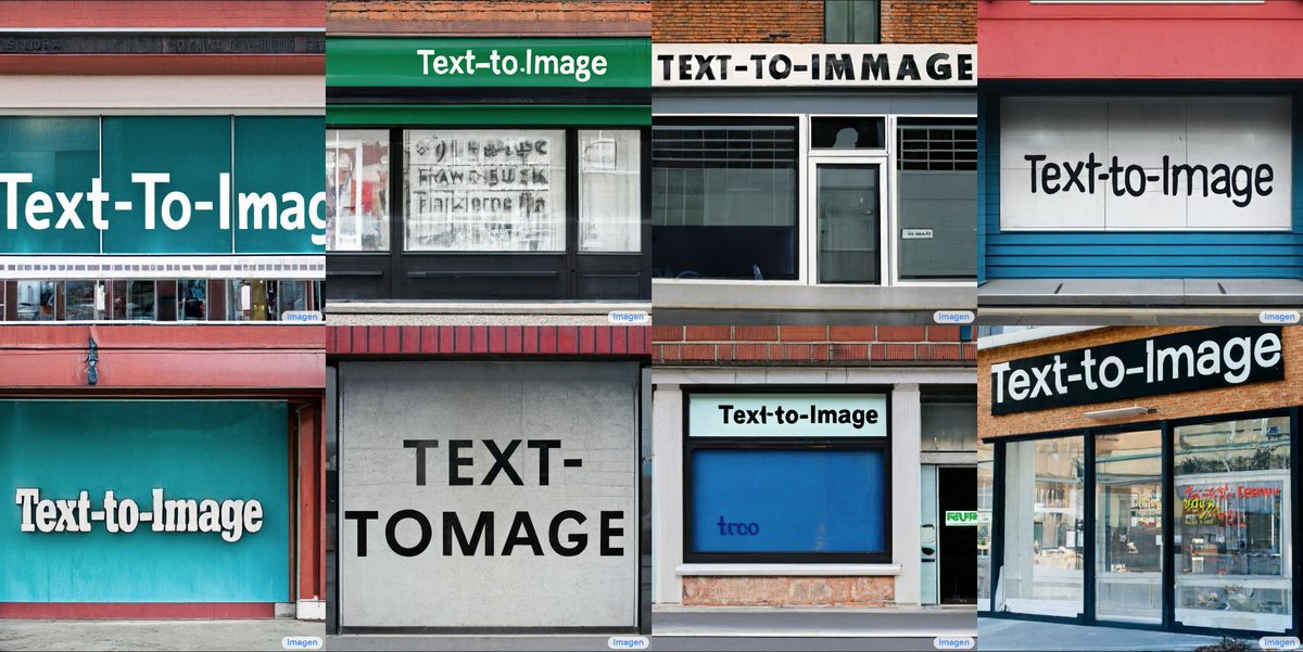 A small thread on analysing text rendering capability of  #imagen. Starting with a simple example, Imagen is able to reliably render text without any need for rigorous cherrypicking. e.g. these are non-cherry picked examples for writing "Text-to-Image" on a storefront.