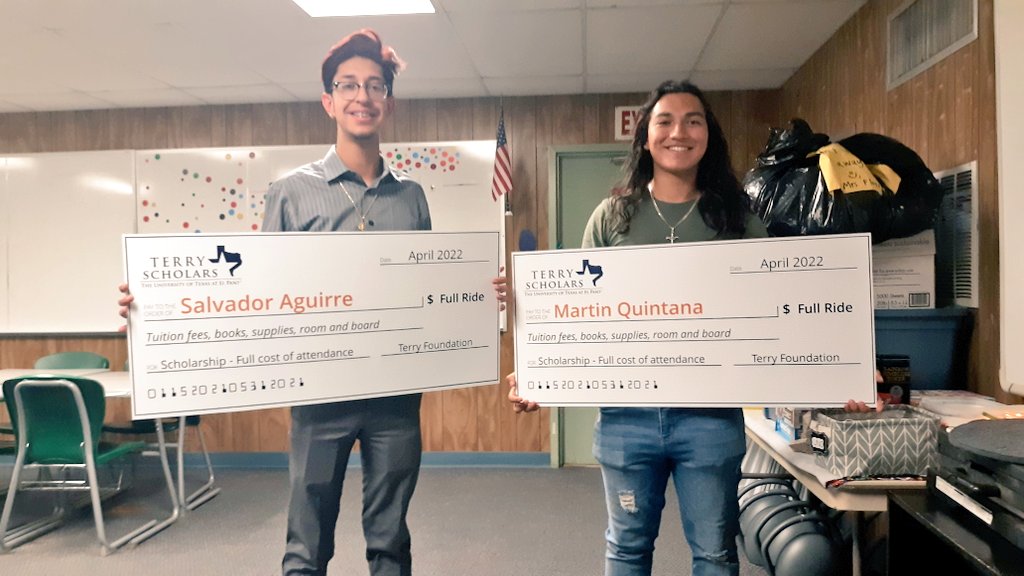mechsscientist's tweet photo. Congratulations on your @TerryScholars scholarship Sal and Martin! I know you will continue to make @missionechs proud. It was my pleasure to be your instructor and sponsor. #TeamSISD #PhoenixFamily #PhoenixGoTheDistance https://t.co/U8wDKJ4lTv
