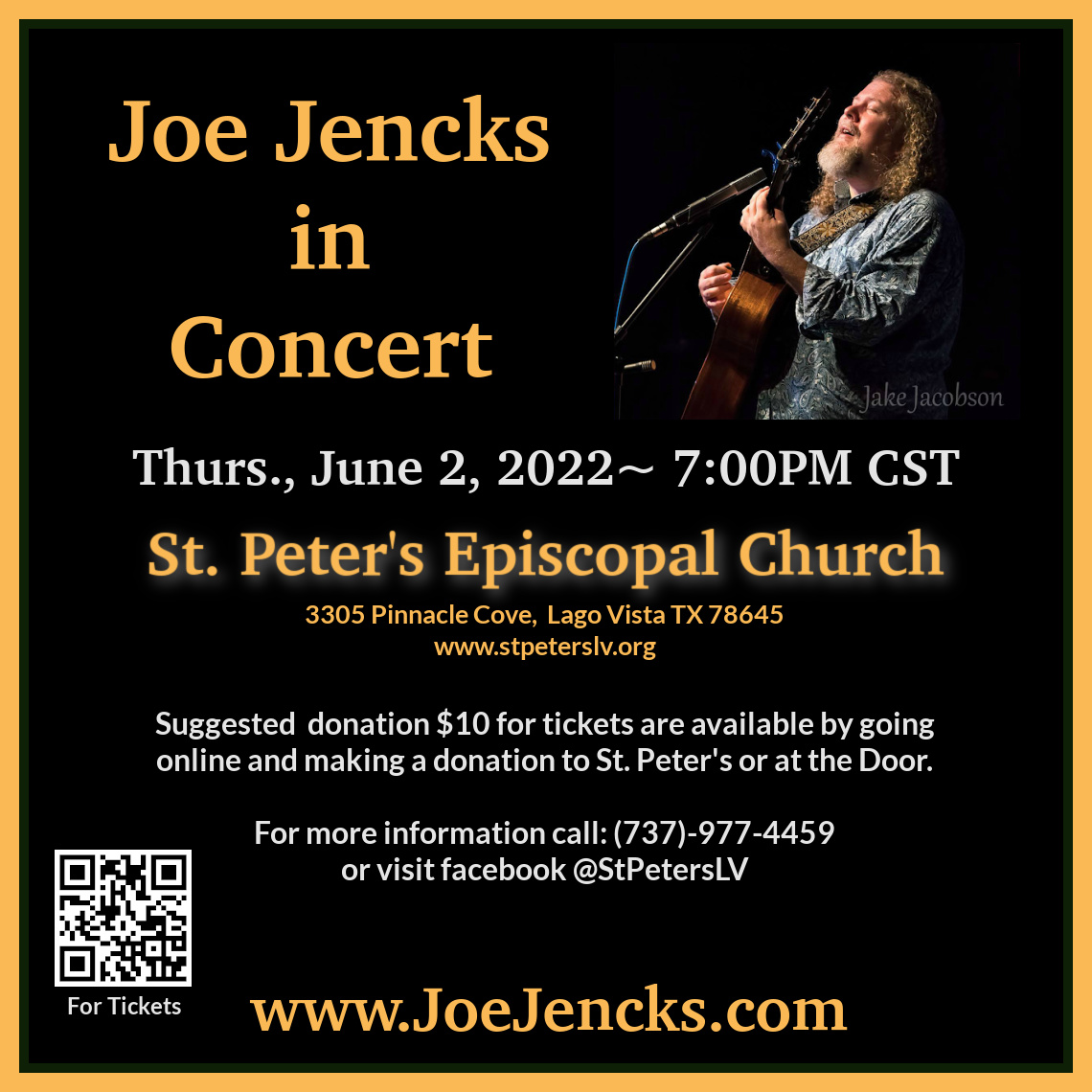 Tonight find Joe in Lago Vista, TX at St. Peters Episcopal Church.  Come join us if you are in the area.