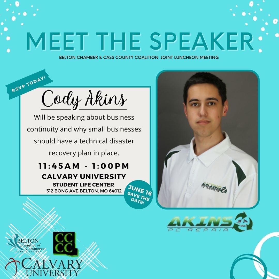 We are so excited to have Cody Akins of Akins PC Repair LLC as our speaker for the Belton Chamber and Cass County Coalition Joint Luncheon Meeting! Luncheon is $15 per person payable by cash or check (NO CARD) to the Cass County Coalition of Chambers.