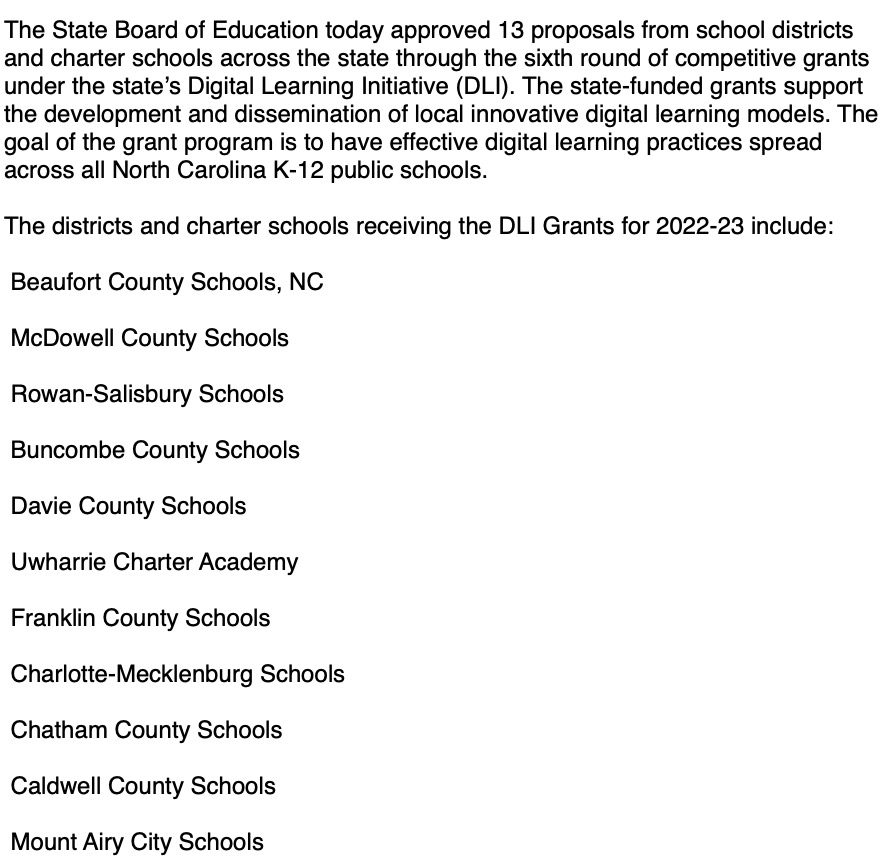 Congrats to Digital Learning Initiative grant recipients for 2022-23 <a href="/BeaufortCoSchNC/">Beaufort County Schools</a>, <a href="/McDowell590/">McDowell Co Schools</a>, <a href="/RSSchoolsNC/">Rowan-Salisbury Schools</a>, <a href="/BuncombeSchools/">Buncombe Schools</a>, <a href="/DavieCountySch/">Davie County Schools</a>, <a href="/CharterUwharrie/">Uwharrie Charter Academy</a>, <a href="/FCSchoolsNC/">Franklin County Schools</a>, <a href="/CharMeckSchools/">Charlotte-Mecklenburg Schools</a>, <a href="/ChathamCoSch/">Chatham County Schools</a>, <a href="/CaldwellVoice/">CaldwellSchoolSystem</a>, <a href="/MACSchools/">Mount Airy City Schools</a>. Learn more bit.ly/3zlRyDo.