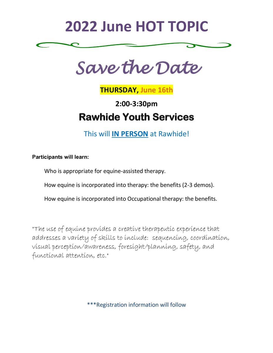Save the date for June 16th @ 2:00 - 3:30PM for this month's Hot Topic! This Hot Topic will be in person at Rawhide! See the address below. 

W3950 Wisconsin 23 Trunk, Fond du Lac, WI 54937