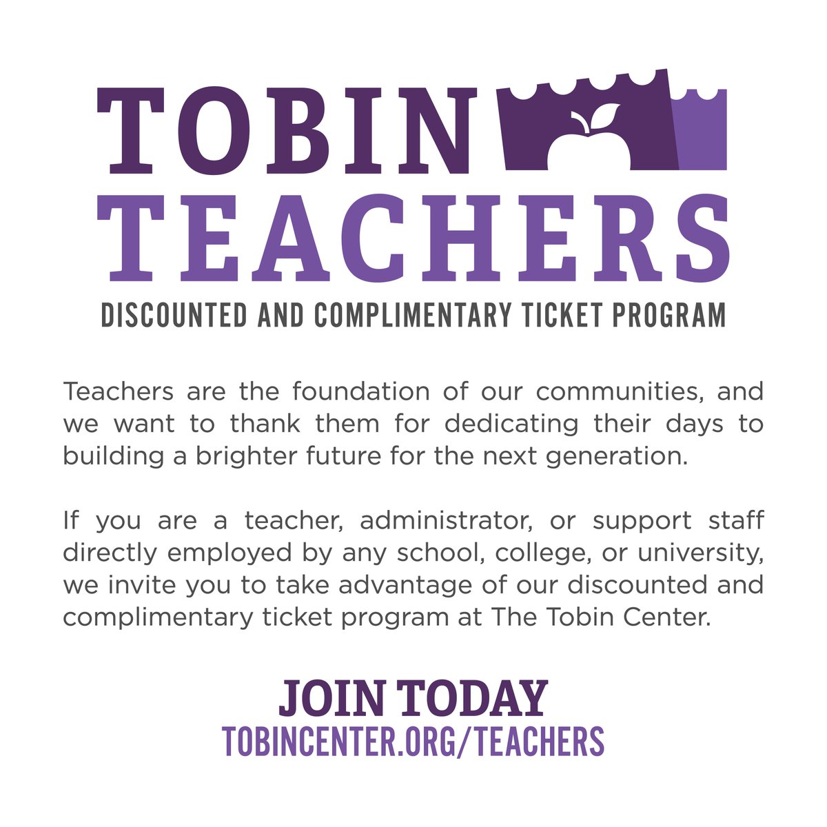 🍎✏️ The Tobin Center is proud to announce Tobin Teachers! A new discount and complimentary ticket program just for educators! Join Tobin Teachers today for discounted and complimentary tickets at tobincenter.org/teachers