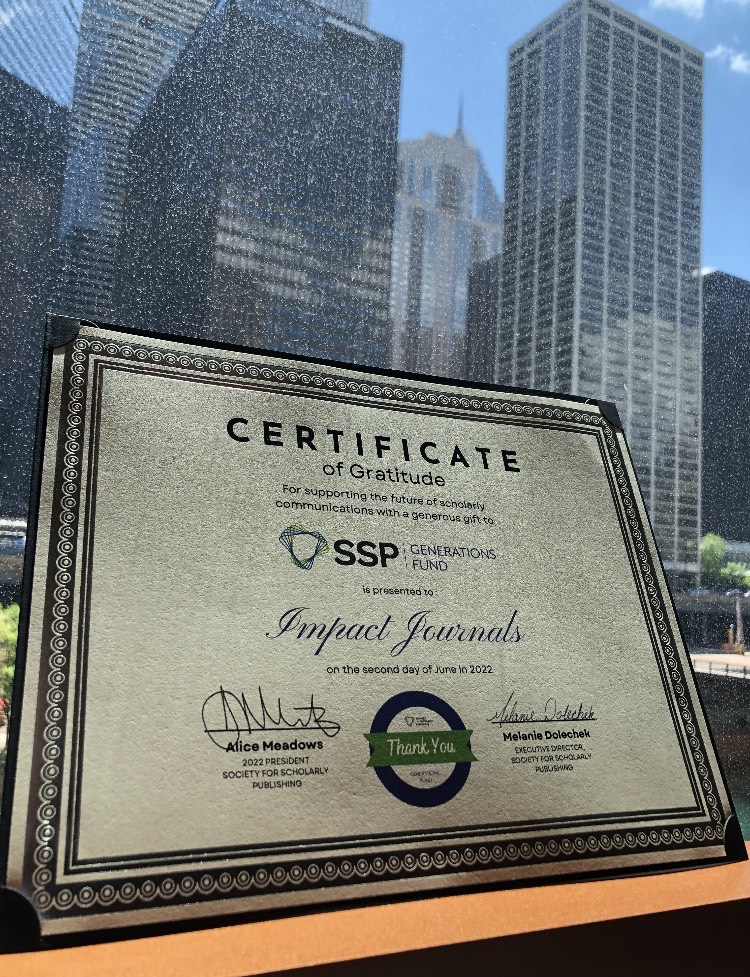 ImpactJrnls's tweet image. At #SSP2022, Impact Journals received a &quot;Certificate of Gratitude&quot; for our contribution to the @ScholarlyPub&apos;s Generations Fund—which provides funding for #SSP&apos;s Fellowship, Mentoring and Diversity, Equity and Inclusion programs.