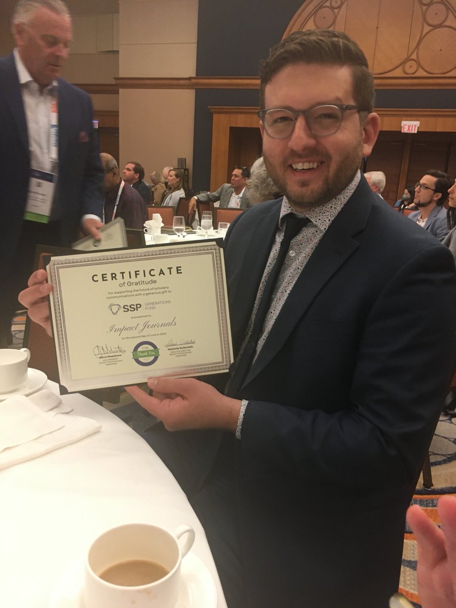 ImpactJrnls's tweet image. At #SSP2022, Impact Journals received a &quot;Certificate of Gratitude&quot; for our contribution to the @ScholarlyPub&apos;s Generations Fund—which provides funding for #SSP&apos;s Fellowship, Mentoring and Diversity, Equity and Inclusion programs.
