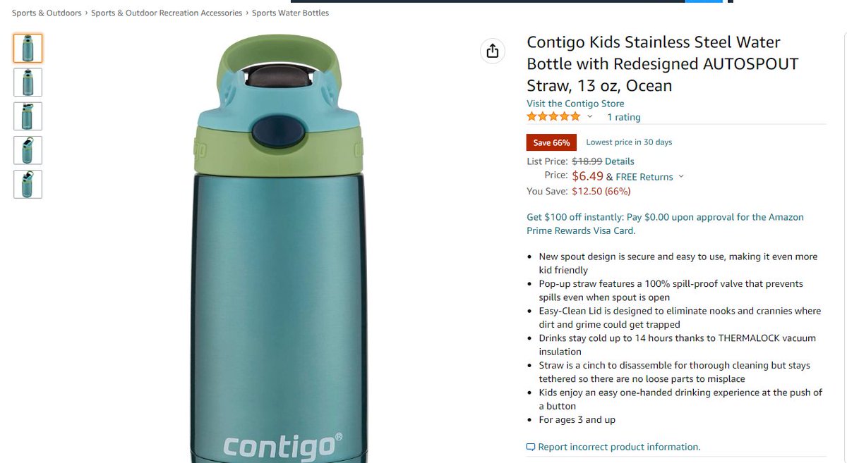 Contigo Kids Stainless Steel Water Bottle with Redesigned Autospout Straw, 13 oz, Ocean