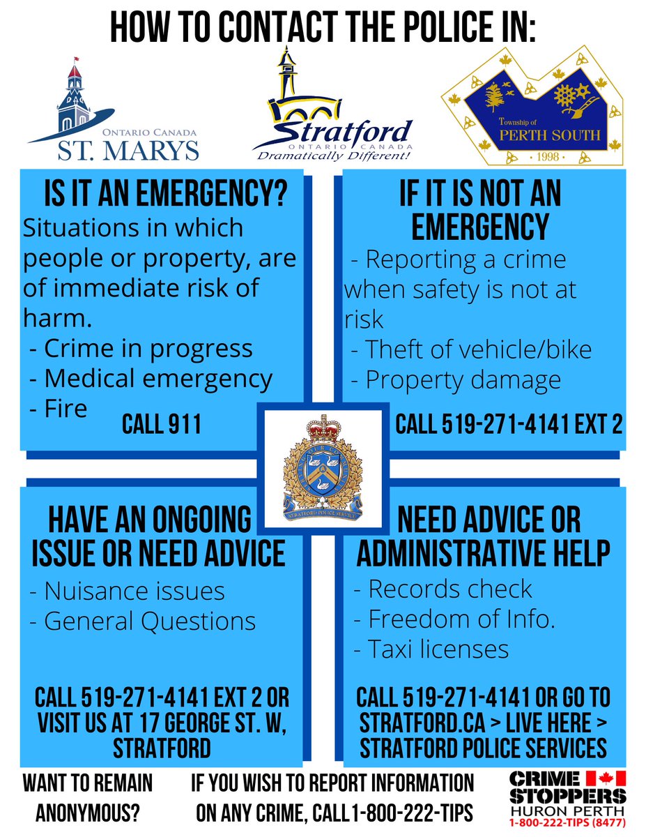 Stratford Police Service (@spsmediaoffice) on Twitter photo Do you know what # to call?
Keep an eye on your mailbox! #SPS has sent this flyer to every household in our area.
Post this notice somewhere visible at home & be prepared for when/if the time comes you need to reach us.
<a href="/cityofstratford/">cityofstratford</a> <a href="/townofstmarys/">St. Marys, Ontario</a> <a href="/PerthSouthTwp/">PerthSouthTwp</a> Do you know what # to call?
Keep an eye on your mailbox! #SPS has sent this flyer to every household in our area.
Post this notice somewhere visible at home & be prepared for when/if the time comes you need to reach us.
<a href="/cityofstratford/">cityofstratford</a> <a href="/townofstmarys/">St. Marys, Ontario</a> <a href="/PerthSouthTwp/">PerthSouthTwp</a>
