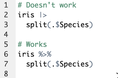 zevross's tweet photo. I only just started using the native pipe in #rstats (rather than the magrittr pipe). I'm realizing that there are some important differences. There is a nice blog post with details by @ivelasq3 here: https://t.co/kP3ar8OLj3 https://t.co/ezPqLWIiqd
