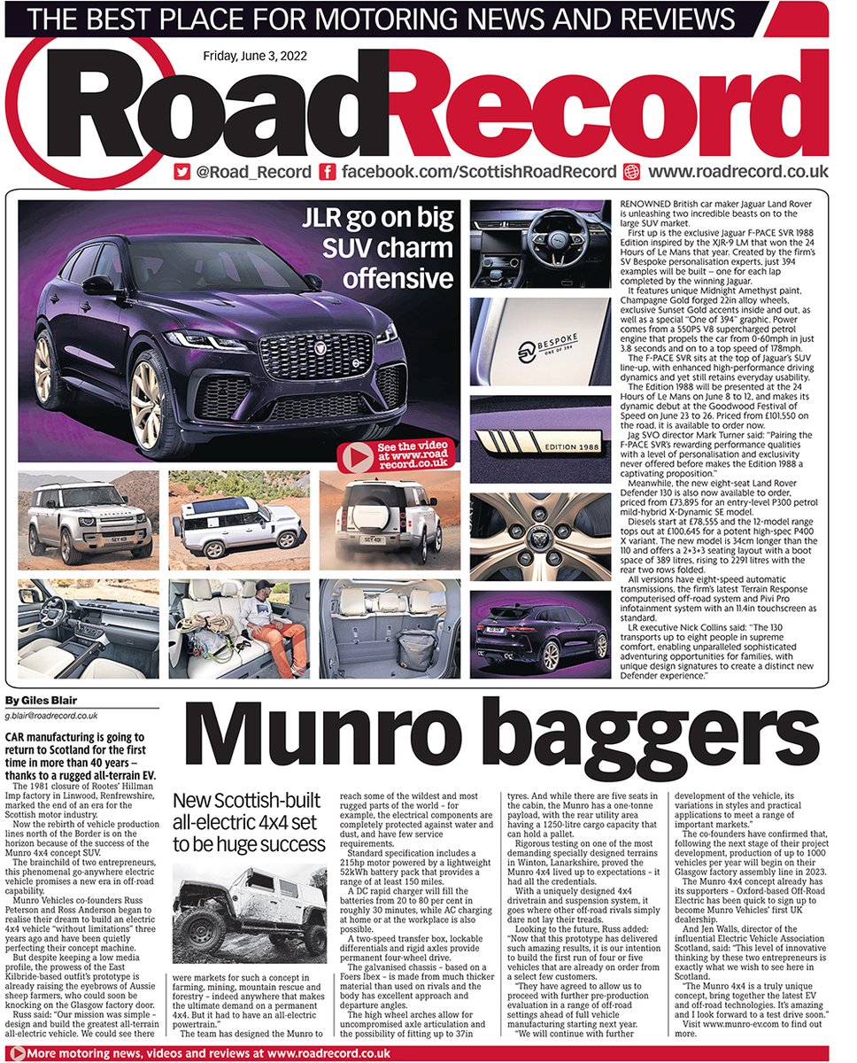 Roadie has great bank holiday reading for you in the <a href="/Daily_Record/">The Daily Record</a> tomorrow, featuring @JaguarUK @LandRover_UK, Munro Vehicles, <a href="/genesis_eu_pr/">Genesis Europe Comms</a>, <a href="/youngdriver/">Young Driver</a>, <a href="/SuzukiCarsUK/">SuzukiCarsUK</a>, <a href="/SJYSClassic/">Sir Jackie Stewart Classic - presented by Rolex</a>, <a href="/Halfords_uk/">Halfords</a>, <a href="/jim_clark_rally/">Borders Competitions Jim Clark Rally</a>, <a href="/BRCrally/">British Rally Championship</a>, <a href="/SRC_Rally/">Scottish Rally Champ</a>, <a href="/BritishGT/">🇬🇧 #BritishGT 🏁</a>, <a href="/BTCC/">BTCC</a> and <a href="/krcircuit/">Knockhill Circuit</a>.