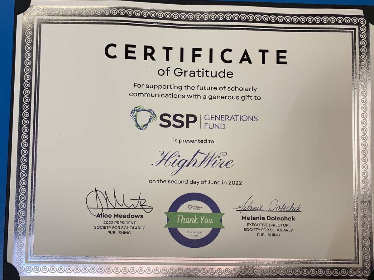 highwirepress's tweet image. Proud to be recognized by @ScholarlyPub for our support of the Generation Fund! #SSP2022