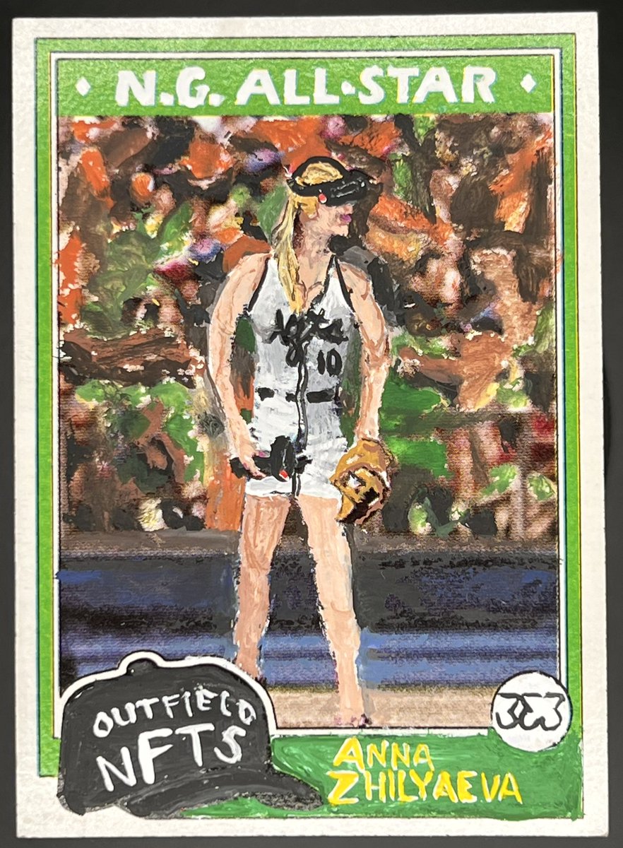 thr33som3s's tweet photo. When I put an actual being onto one of my cards, it’s a fine line to walk in how much reference I make to their own artwork.  For @niftygateway All-Stars #AS007 @AnnaDreamBrush I imagined her painting her own stadium to play in

(Will future utility remove that vr headset? Hmmm) https://t.co/1y6aSKxSia