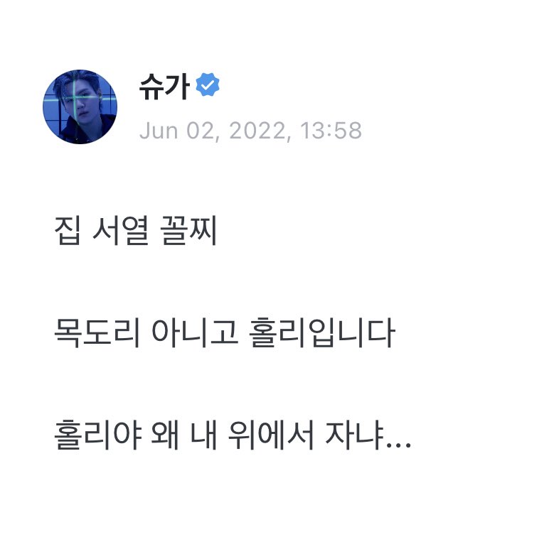 seoulocello's tweet photo. 220603 yoongi on weverse

🐱 i’m at the bottom of the food chain in this household

this is holly, not a scarf

holly why are you sleeping on top of me… https://t.co/gVp1IzY8Mi
