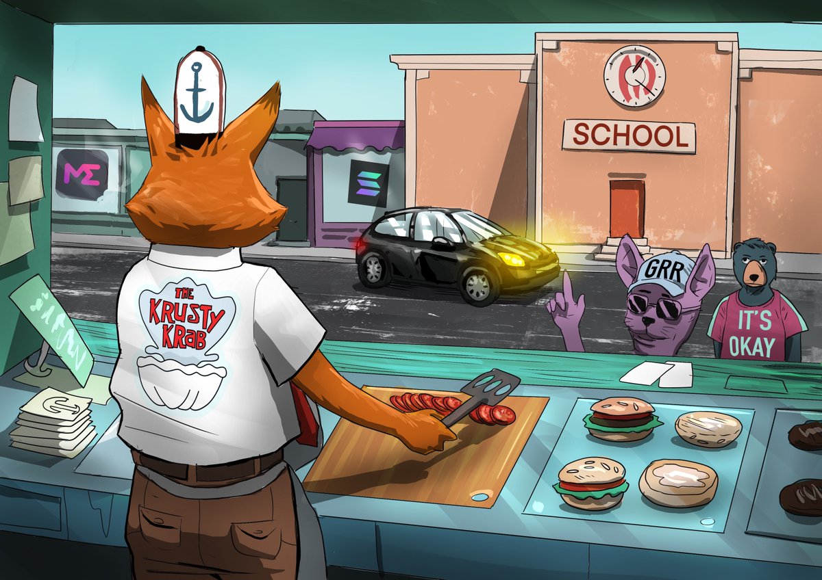 Does he make better burgers than our friend Bob?🍔 
I'm not sure that's why our investigator is here😼

Again, that black car in front of a school. Hmm, that's not a coincidence🔎

What's next? Any thoughts?👀

✅ | Follow, RT &amp; Tag friends to be considered for WL
#Solana #Early