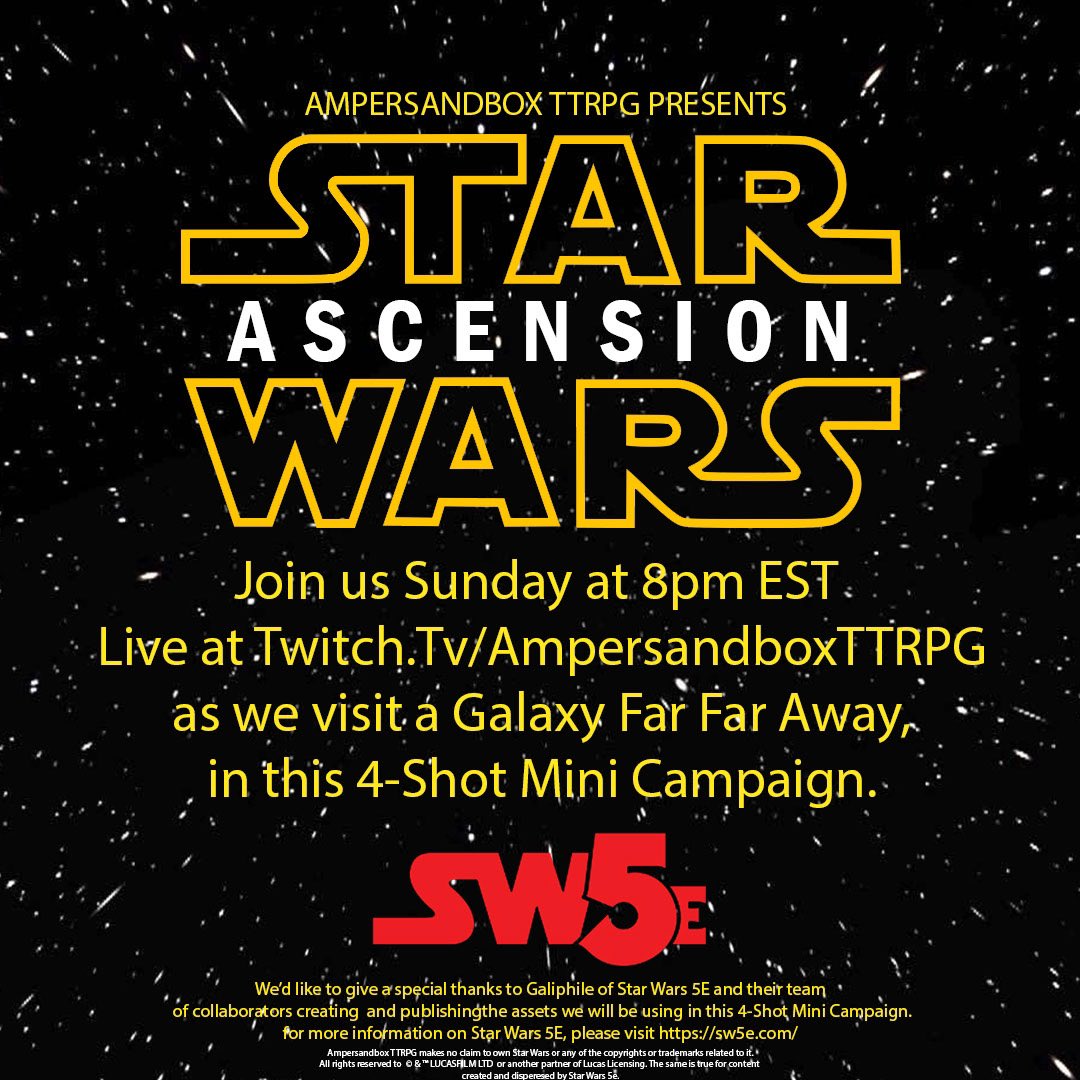 Ampersandbox_'s tweet photo. Set in the early days of the Empire,
three former Padwans must grow in the ways of the Jedi. Or watch as the twisted instruments of the Empire ascend above them.
#maythe4shotbewithyou #starwars #sw5e
#minicampaign #dnd #dungeonsanddragons #trpg https://t.co/kj99R4xxSm