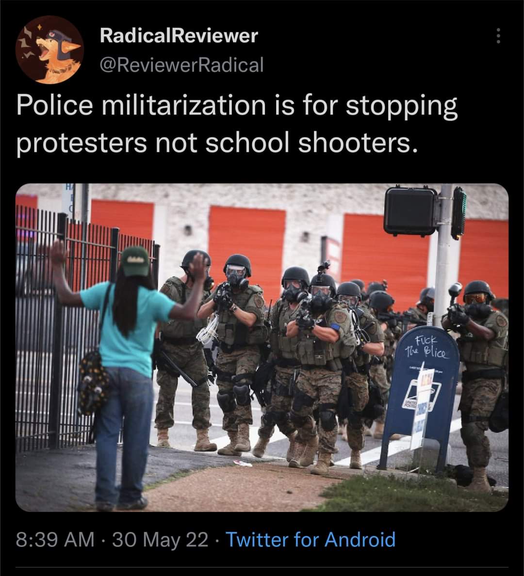 LunaSee303's tweet photo. True that! Especially from what I remember in the 2020 protest in Denver. We march, they brought in the tanks, swat teams and tear gas... for us trying to demand justice for a man the police killed.. Pretty fucking sad if you ask me.
#Denver #denverprotest #Uvalde https://t.co/hLWrSqc6TL