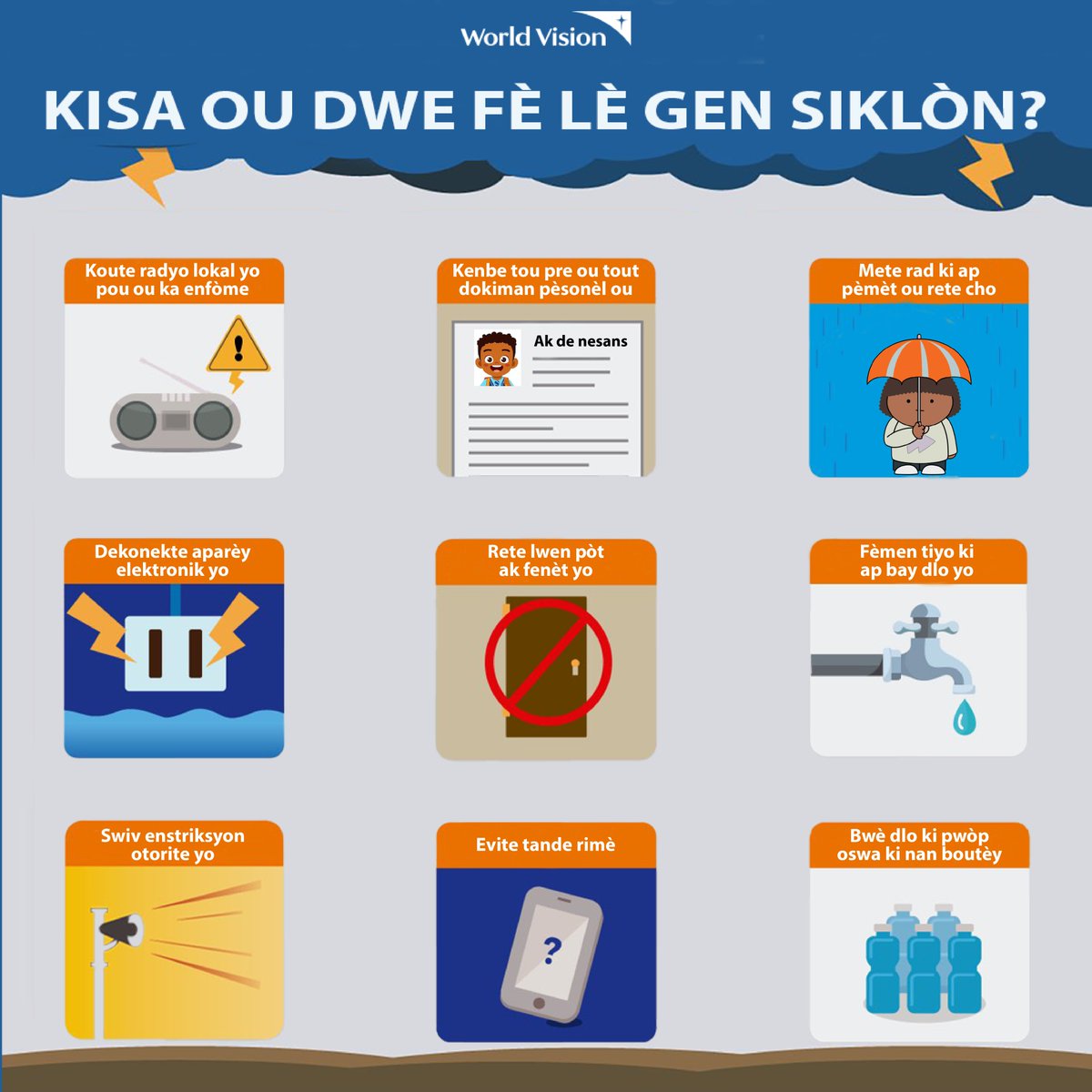 WVHaiti's tweet photo. 📢Sezon siklòn rive!
Kisa ou dwe fè lè gen siklòn?
@Pwoteksyonsivil | #Haiti | #ReteVeyatif | #PwanPrekosyon https://t.co/qfy3jVtHCe