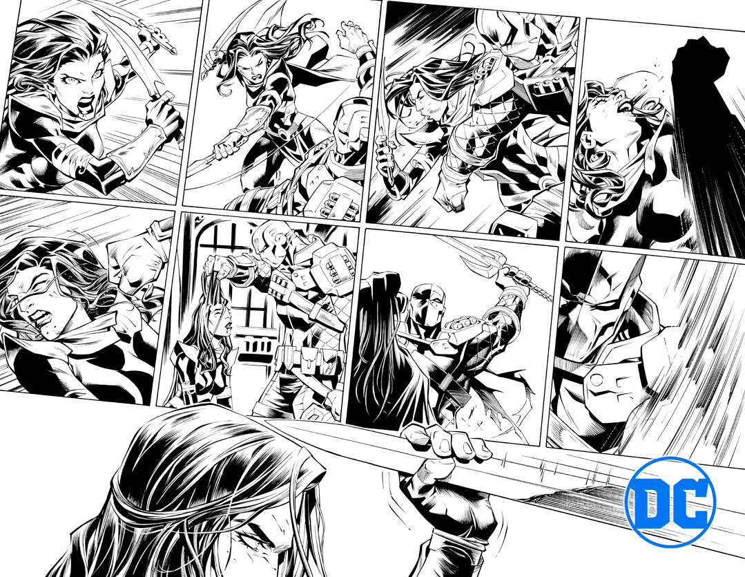 NormRapmund's tweet photo. Deathstroke v Talia Al Ghul double page from Robin #14! Williamson/Cruz/Rapmund. @DCComics @thedcnation #DCcomics #Robin #Deathstroke #OriginalArt #DoublePage @Williamson_Josh @rogercruzbr https://t.co/v2j8MAo3mu