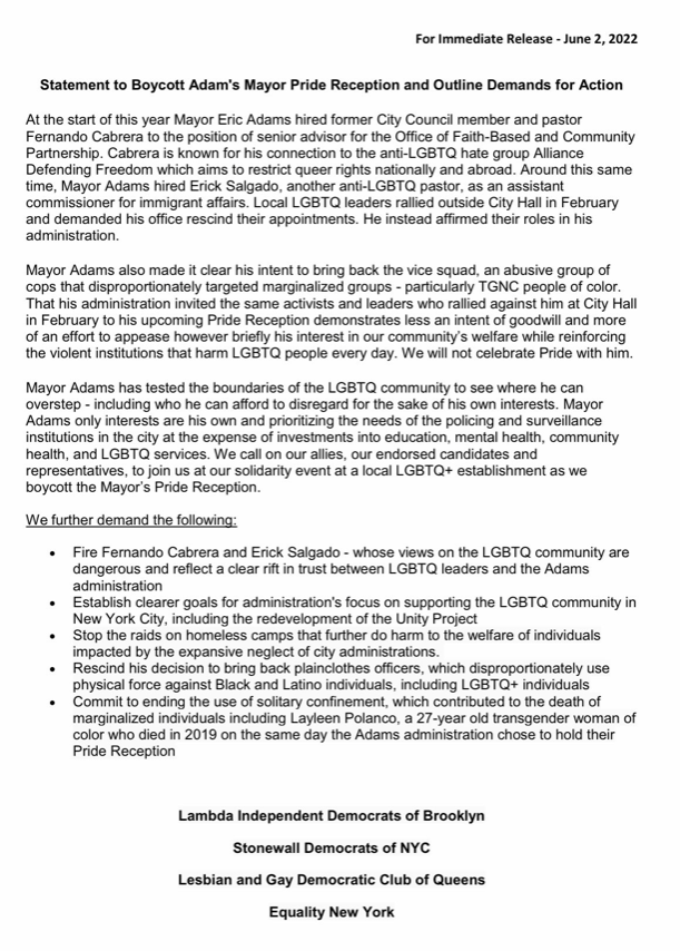 SDNYC's tweet photo. SDNYC, @LIDbrooklyn, @LGDCQ, &amp; @EqualityNewYork will be boycotting Mayor Adam’s Pride Reception. Our joint statement is below. We call on our friends, allies, endorsed representatives and candidates to join us in this boycott and support our demands for action: https://t.co/Hc2yg5Naf4