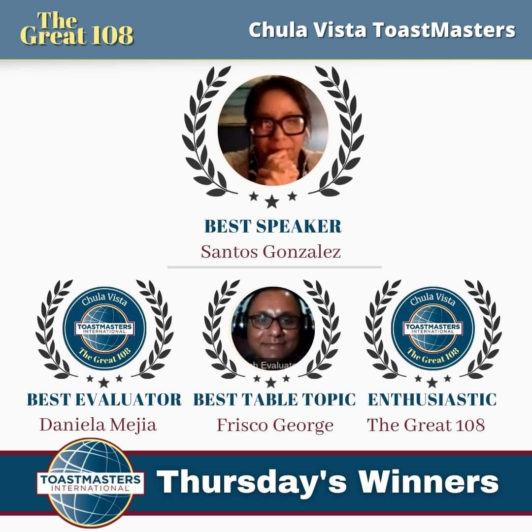CVToastmasters's tweet photo. The Chula Vista Toastmasters is a Public Speaking Club.
Join Our Reoccurring Hybrid Gathering
https://t.co/3cVqbJcGFu
Thursday's from 7:00 - 8:30 pm
All are Welcome! https://t.co/C03zBSfzEX