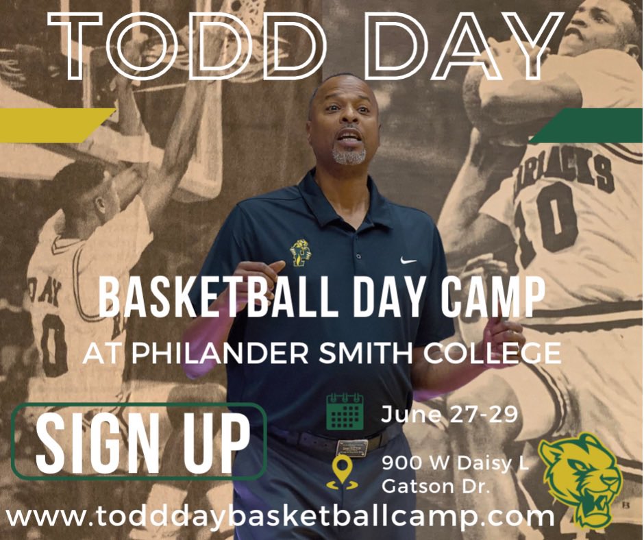 The Todd Day Basketball Camp is back!!!!!
Sign Up Now✍🏾👇🏾 
todddaybasketballcamp.com

June 27-29th at Philander Smith College!!
Spread the word, this will be a camp the kids will not want to miss!