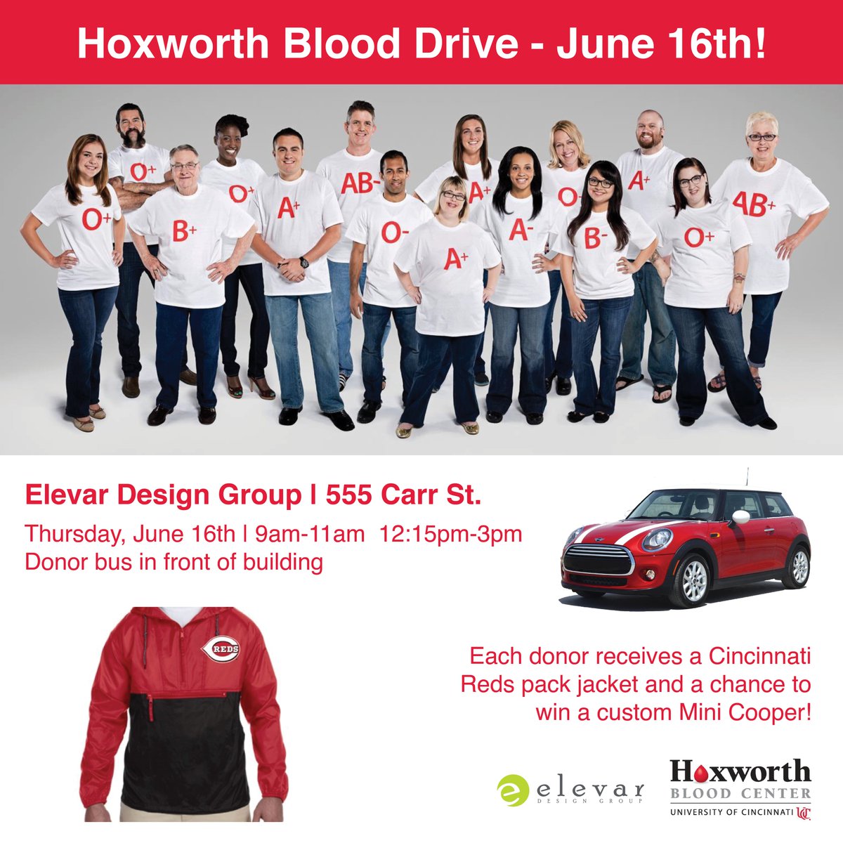 Elevar Design Group (@elevar_design) on Twitter photo In 2 weeks Elevar will be hosting our third <a href="/HoxworthUC/">HoxworthUC</a> #BloodDrive! If you’re interested, reserve a spot here: bit.ly/3Nl7sm0. Donors will get a Cincinnati Red’s Pack Jacket & a chance to win a custom Mini Cooper! Questions, contact Emily Donnell at edonnell@elevar.com. In 2 weeks Elevar will be hosting our third <a href="/HoxworthUC/">HoxworthUC</a> #BloodDrive! If you’re interested, reserve a spot here: bit.ly/3Nl7sm0. Donors will get a Cincinnati Red’s Pack Jacket & a chance to win a custom Mini Cooper! Questions, contact Emily Donnell at edonnell@elevar.com.
