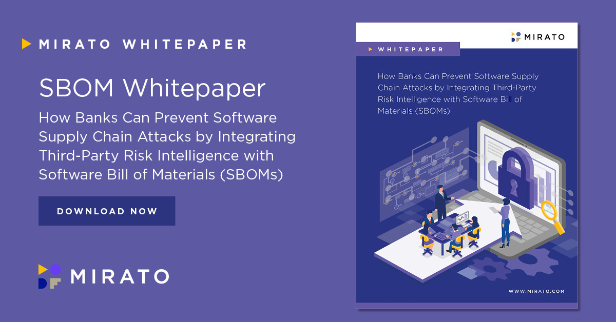 Mirato360's tweet photo. Banks can proactively protect their #SupplyChain from attacks with #ThirdPartyRisk intelligence &amp; the #SoftwareBillofMaterials. Read how #SBOMs can be used to quickly identify vulnerable software, assess its usage and understand the #risk involved: https://t.co/uLOzXOPZXf https://t.co/3PFJW7Uo6X