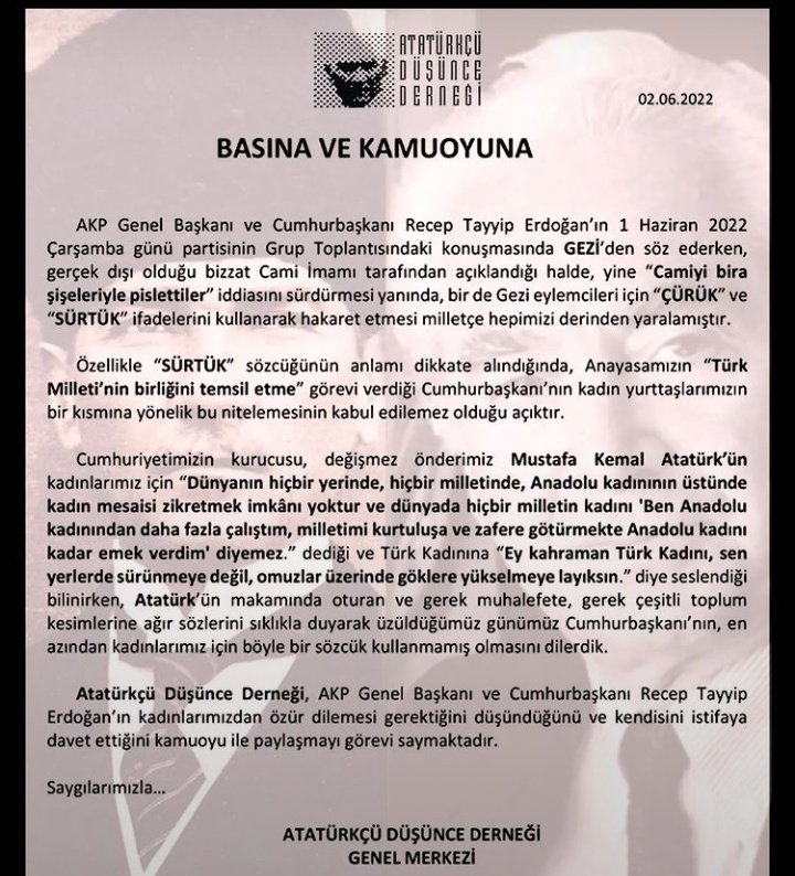 AddCaycuma's tweet photo. Gerçek dışı ifadelerle Türkiye Cumhuriyeti vatandaşlarına " #çürük" ve " #sürtük"ifadeleri ile hakaret eden Cumhurbaşkanı Recep Tayyip Erdoğan'nı istifaya  davet ediyoruz. 
Atatürkçü Düşünce Derneği Genel Merkezi
@add_genelmerkezi https://t.co/Yl9YQ4BZOm