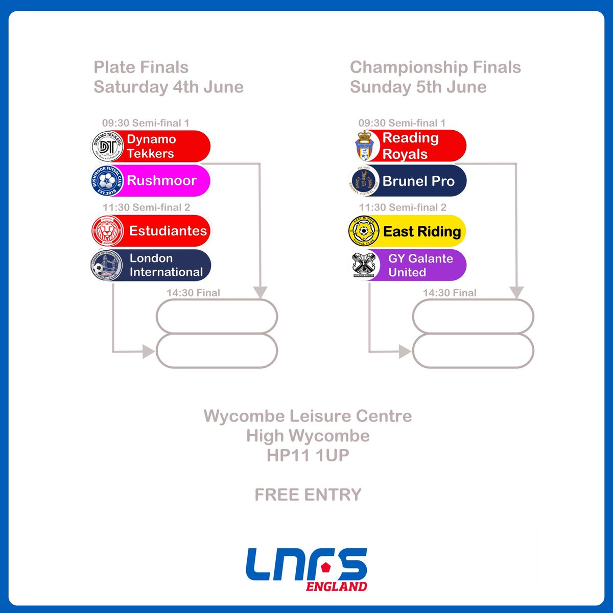 🏆⚽️ FINALS WEEKEND 

This weekend we host our finals in High Wycombe - the final hurdle for 8 clubs to see who comes away with silverware!

Youth - Friday
Plate - Saturday
National Championship - Sunday

Please spread the word - all fans of this amazing sport - RT &amp; ❤️