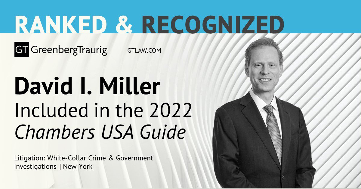 Honored to have been ranked again by Chambers along with so many of my fantastic Greenberg Traurig colleagues!

#chambersusa #gtlaw #whitecollar