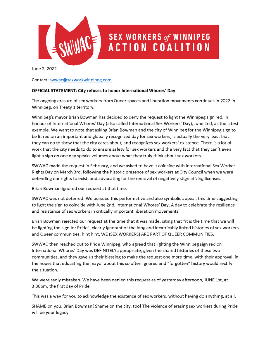 SWWACwpg's tweet photo. Mayor Bowman &amp; the City of Winnipeg REFUSE to honor International Whores' Day despite community support

Plz read our statement, share it &amp; tag Bowman + the city! 
Contact his office here: mayorbowman@winnipeg.ca
@Mayor_Bowman @cityofwinnipeg
#mbpoli #sexwork #stigma #whorephobia https://t.co/7gHc1nhXMF