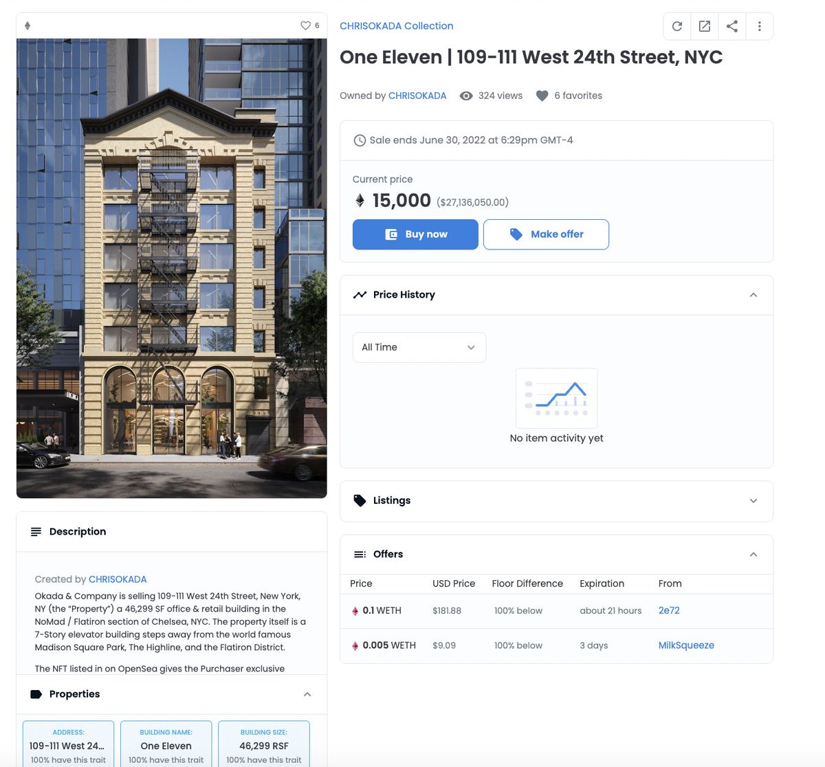 Chris Okada listed a $27 mil nyc property for sale on <a href="/opensea/">OpenSea</a>,My guess is it's a marketing tactic, but imagine a building can trade as nft? Buyers can see the deed, NOI, tenant mix on the blockchain+ trade hands immediately.10 years away? 15?Whenever this happens will be so sick