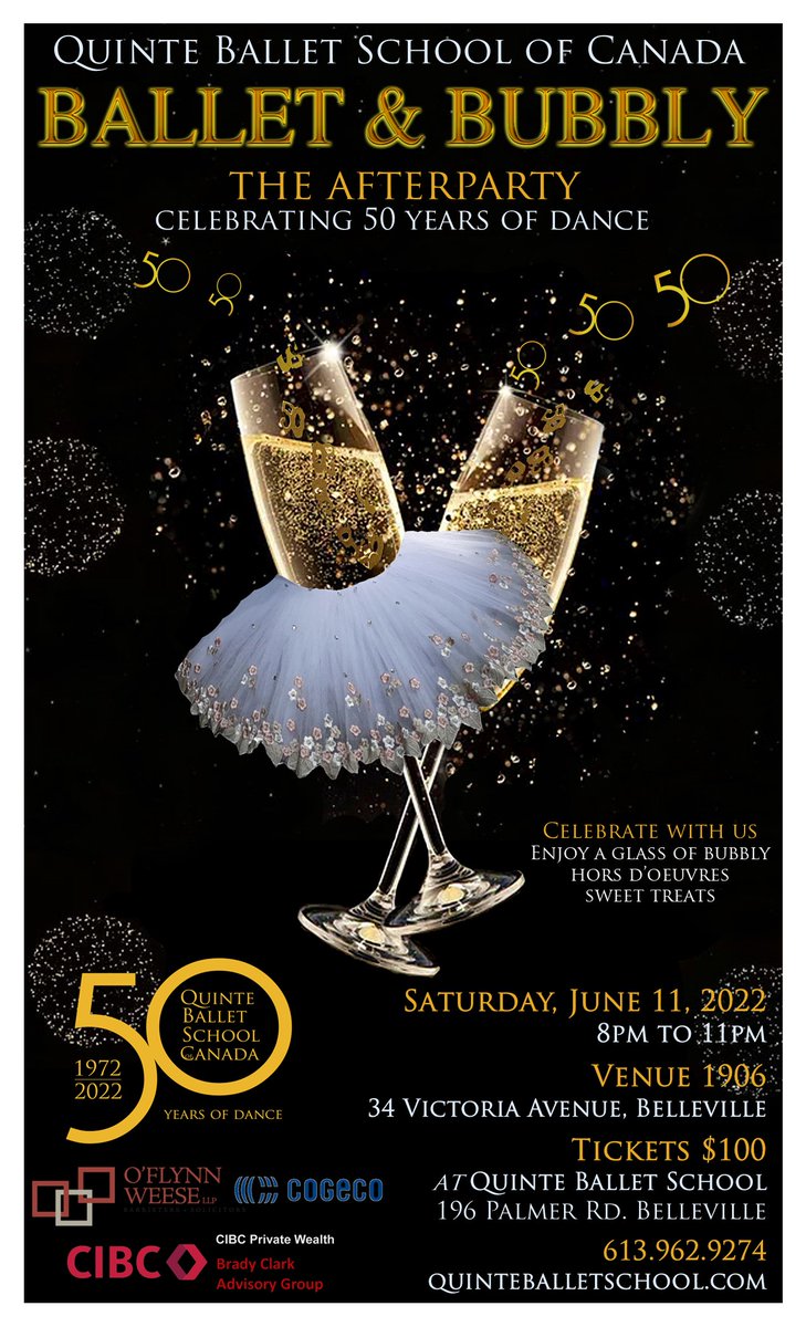 Friday June 3 is the last day to get your Ballet &amp; Bubbly Tickets! Email generalmanager@quinteballetschool.com or call 613-962-9274 x 25. #celebrate #anniversary