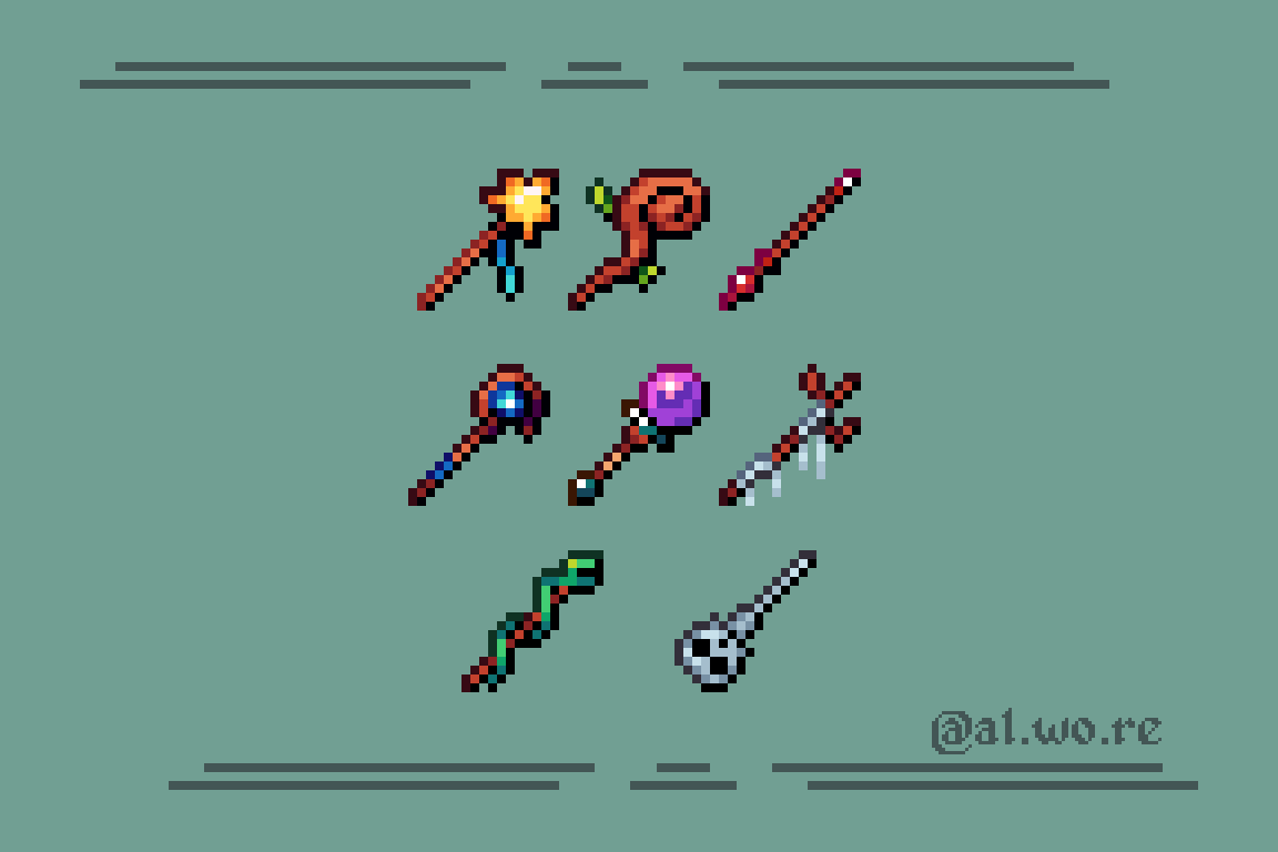 alwore_'s tweet photo. One wand/scepter/staff for each wizard hat.
#pixelart #juice56 #Wizards #fantasy #wand https://t.co/KzJ2AlMiGC