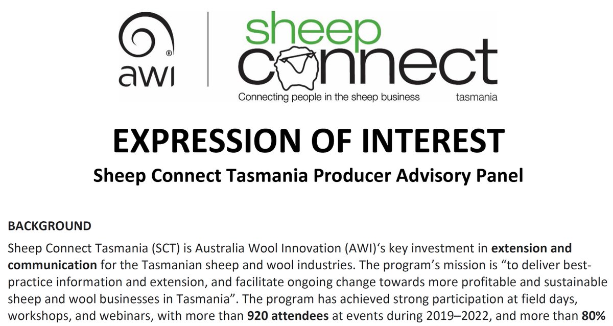 AWI @sheepconnect Tasmania is looking for 2 new Producer Advisory Panel members.
EOI is open till Sunday, 12 June so throw your hat in the ring if you want to offer advice and feedback on the needs of Tasmanian woolgrowers!
bit.ly/3x8WlXx
@TfgaComms <a href="/nuffieldaust/">Nuffield Australia</a>