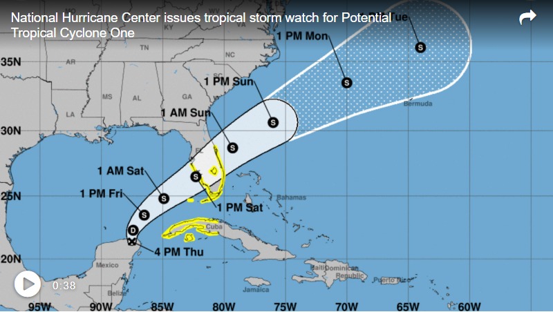 AFDLegal's tweet photo. The NHC started issuing forecasts for Potential Tropical Cyclone One Thursday evening, and forecasters said they expect a tropical depression to form by Friday morning and strengthen into a tropical storm before making landfall on Florida’s west coast on Saturday. https://t.co/JcxjaO5X3E