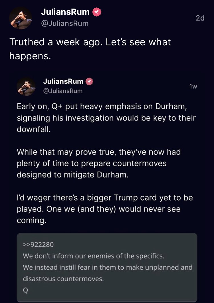 PokerPolitics's tweet photo. “Q+ said Durham would take down the Deep State but he clearly telegraphed that move so they could counter it. I bet Q is planning something he never told us about to defeat them.” Why was Q posting if it would allow the Deep State to counter? How dumb is “The Plan”? https://t.co/0fyEiaYXxp