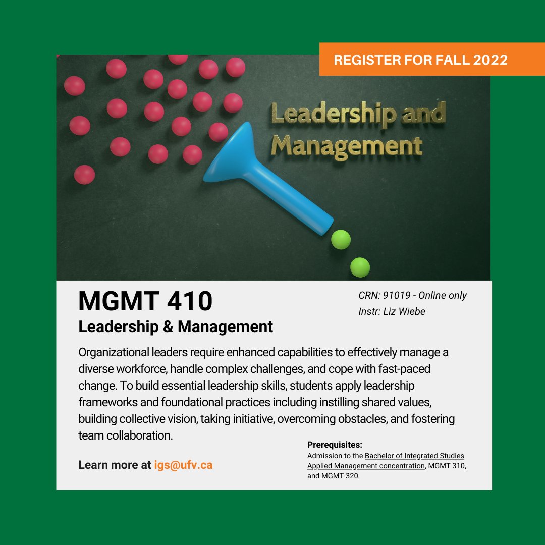 Register for fall 2022! MGMT 410 - new online course offering for the BIS: Applied Management concentration. For more information, please contact igs@ufv.ca.🙌ufv.ca/integrated-stu… <a href="/goUFV/">U of Fraser Valley</a> <a href="/UFVbusinfo/">UFV Business School</a>