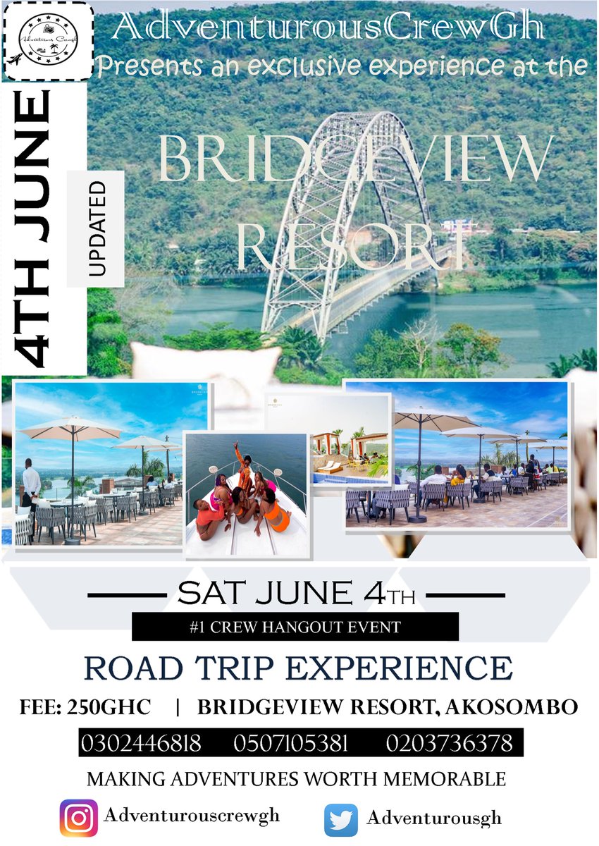 AdventurousGh's tweet photo. In the process of reinvigorating AdventurousCrewGh, we announce our first event to the Bridgeview Resort, Akosombo. Join the crew as we embark on a road trip to one of the beautiful and serene destinations in Akosombo on the 4th of June, 2022. https://t.co/0oxscnioHv
