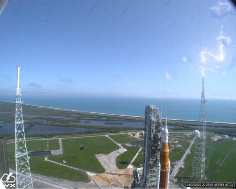 NASA_SLS's tweet photo. ⚡ Quite a shocking photo! The most powerful lightning strike ever recorded at @NASAKennedy recently put the Florida spaceport’s lightning protection system at Launch Pad 39B to the test. 

Read more about the lightning tower's powerful strike HERE >> https://t.co/K86ULA8DTc https://t.co/MUzhJAtDdo