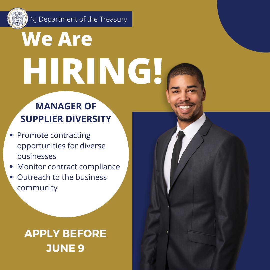 NJ Dept of Treasury (@njtreasury) on Twitter photo There's still time to apply! As the Manager of Supplier Diversity for <a href="/NJTreasury/">NJ Dept of Treasury</a>'s <a href="/NJDiversity/">NJ Office of Diversity and Inclusion</a> you'll play a pivotal role in supporting equity in State contracting. Excellent benefits & salary. Apply by 6/9: ow.ly/LkG650J5LoN There's still time to apply! As the Manager of Supplier Diversity for <a href="/NJTreasury/">NJ Dept of Treasury</a>'s <a href="/NJDiversity/">NJ Office of Diversity and Inclusion</a> you'll play a pivotal role in supporting equity in State contracting. Excellent benefits & salary. Apply by 6/9: ow.ly/LkG650J5LoN