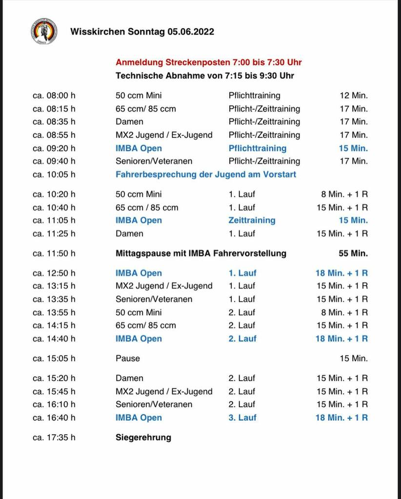 damcv_de's tweet photo. Hier die Zeitpläne für Wisskirchen.

Auf Grund der geringen Starterzahl der 65er, fahren sie wieder gemeinsam mit den 85er. Des Weiteren werden auf Grund der Anmeldungen die Damen alleine starten. 
Eine weitere Besonderheit am Sonntag ist die Imba Open K… https://t.co/9nCLiET9mu https://t.co/zukmpoSkk2