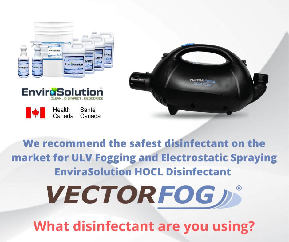 VectorFogCanada's tweet photo. What disinfectant are you using? We recommend the safest disinfectant on the market - EnviraSolution!
*Kills 99.99% of viruses, bacteria &amp; moulds
*Fragrance-Free
*Natural
*No residue when used with ULV Foggers

Contact Us!

#envirasolution #ULV #disinfectant #cleaningSolution https://t.co/l9kxEzN9C8