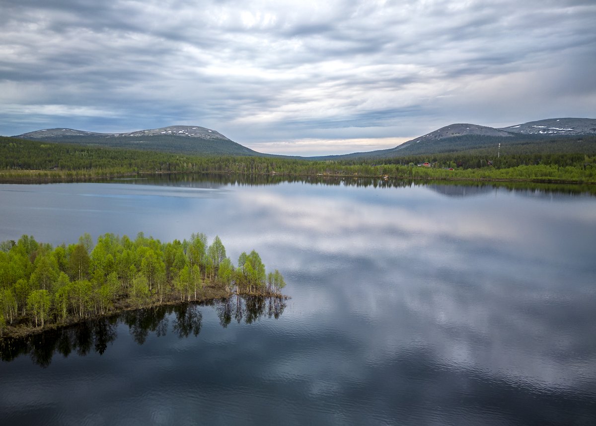 Kesä on tullut Äkäslompoloon. Puissa on lehdet ja taivas pilvessä.