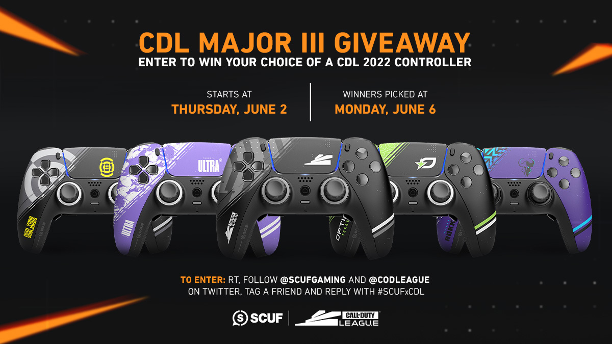 ScufGaming's tweet image. Celebrating the @CODLeague @TorontoUltra
Major III with a Giveaway! 1 winner to get a #CDL2022 controller! 

To enter: 
• RT This Tweet
• Follow 
@ScufGaming
 &amp;amp; @CODLeague
• Tag 2 friends with #SCUFxCDL

Ends June 6th.